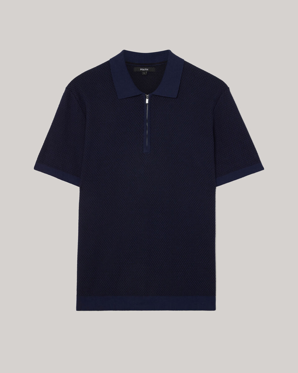Textured Knit Zip Polo, Navy, hi-res